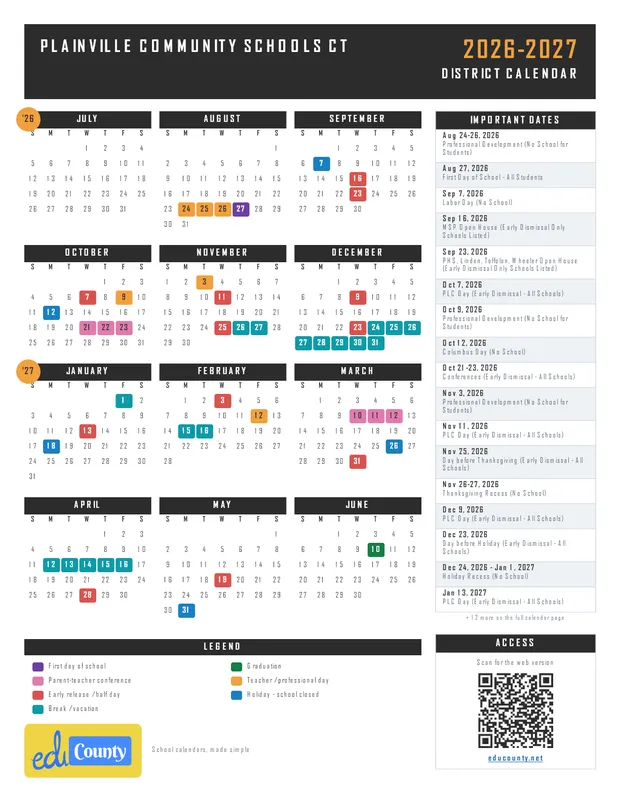 Plainville Community Schools printable 2026-27 calendar