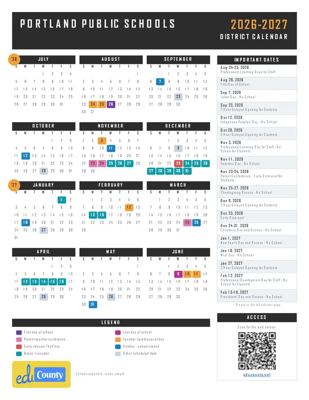 Portland Public Schools printable 2026-27 calendar