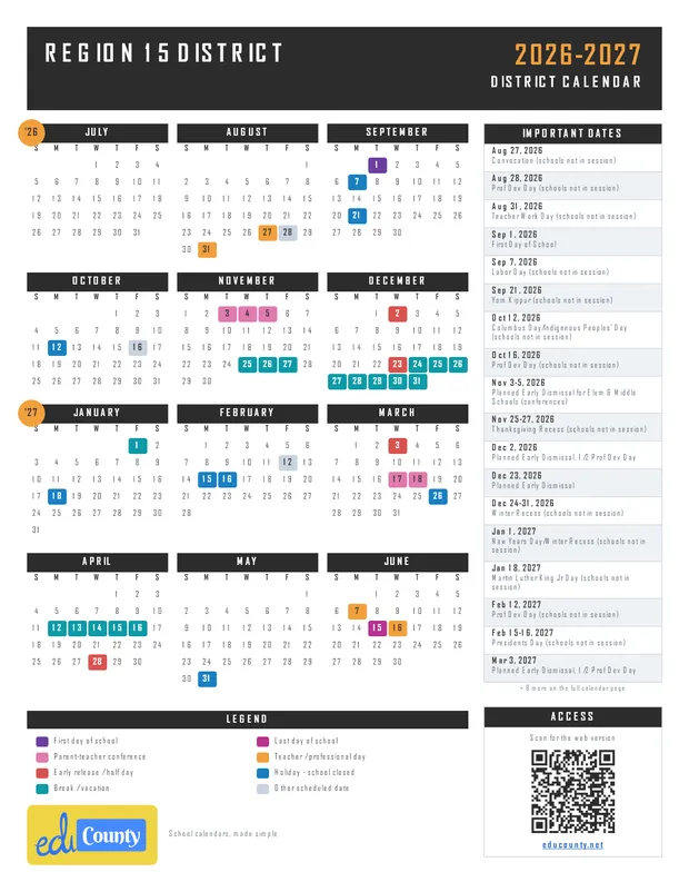 Region 15 District printable 2026-27 calendar