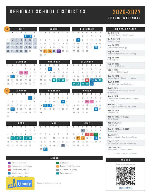 Regional School District 13 printable 2026-27 calendar
