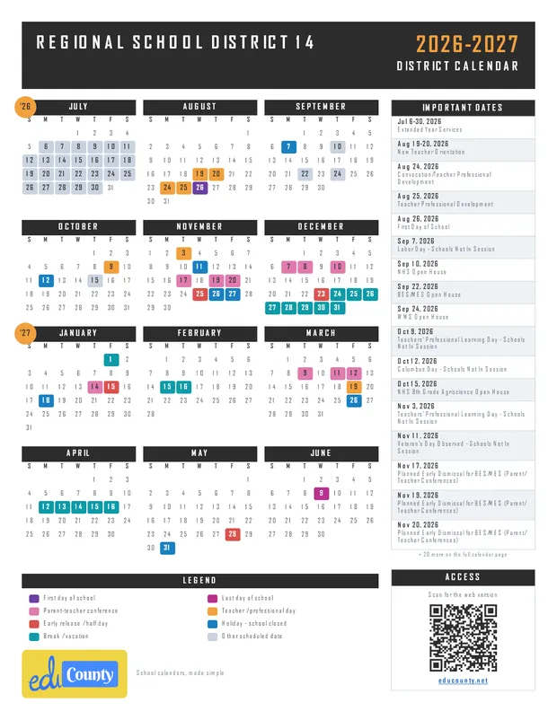 Regional School District 14 printable 2026-27 calendar