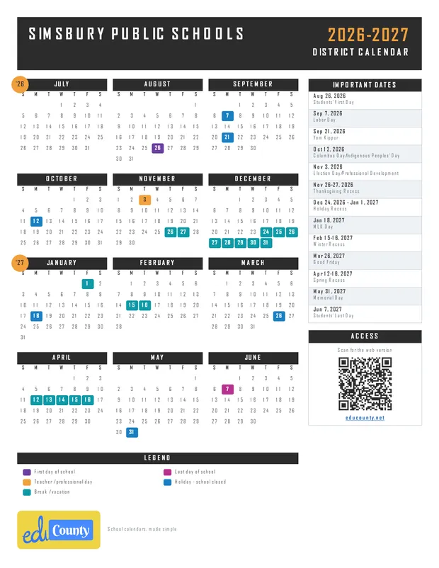 Simsbury Public Schools printable 2026-27 calendar