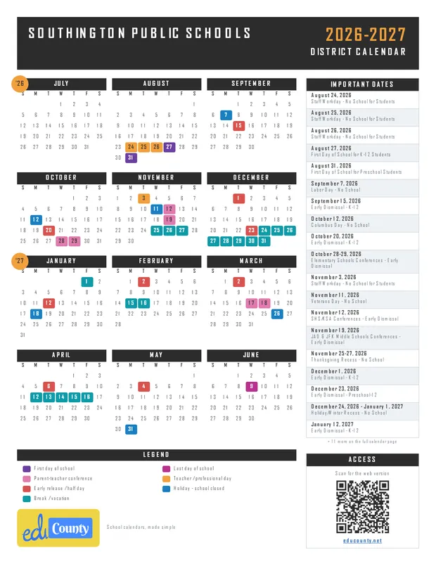 Southington Public Schools printable 2026-27 calendar