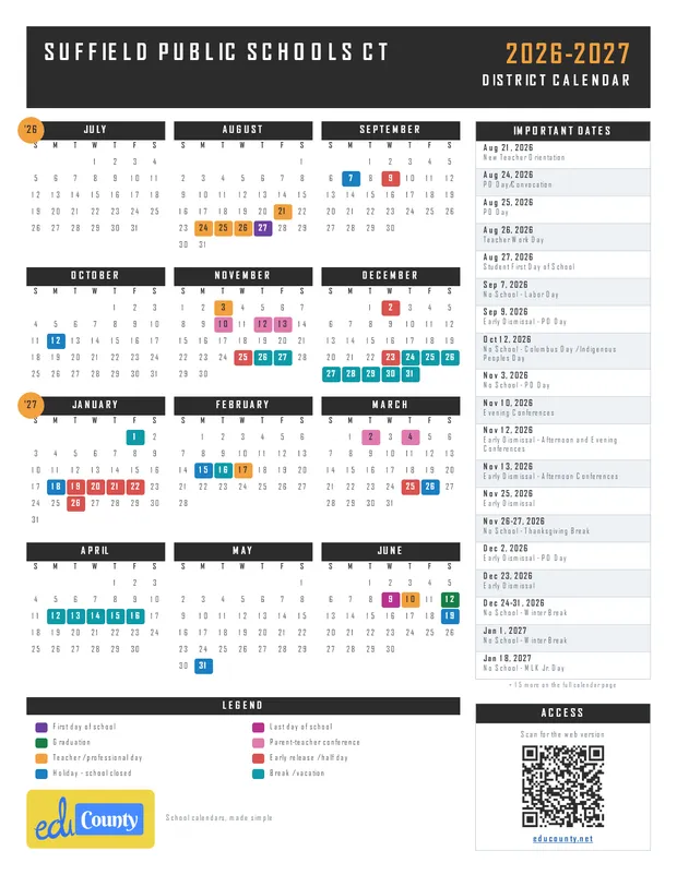 Suffield Public Schools printable 2026-27 calendar
