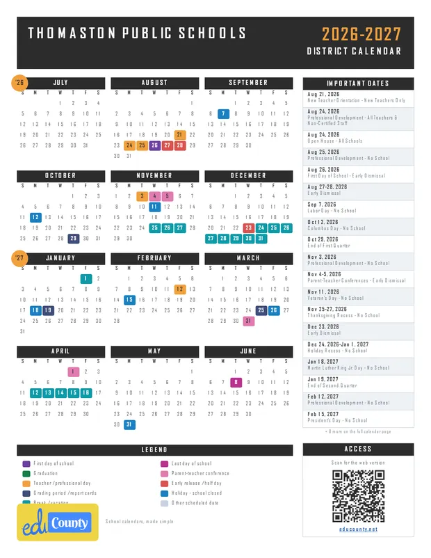Thomaston Public Schools printable 2026-27 calendar