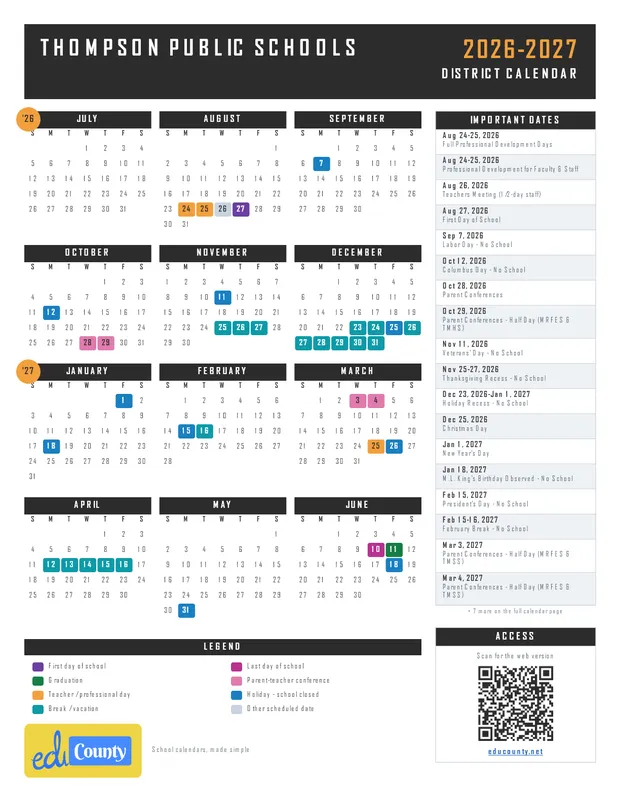 Thompson Public Schools printable 2026-27 calendar