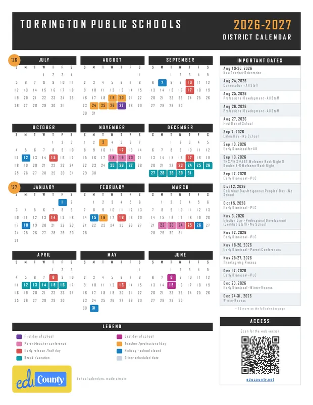 Torrington Public Schools printable 2026-27 calendar