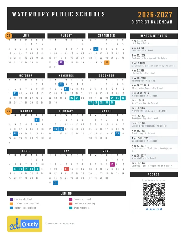 Waterbury Public Schools printable 2026-27 calendar