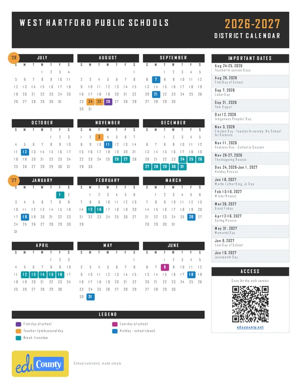 West Hartford Public Schools printable 2026-27 calendar