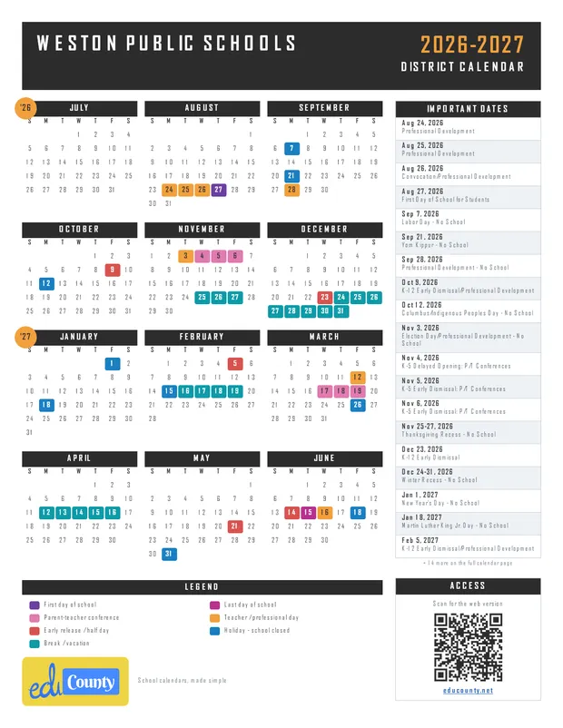 Weston Public Schools printable 2026-27 calendar