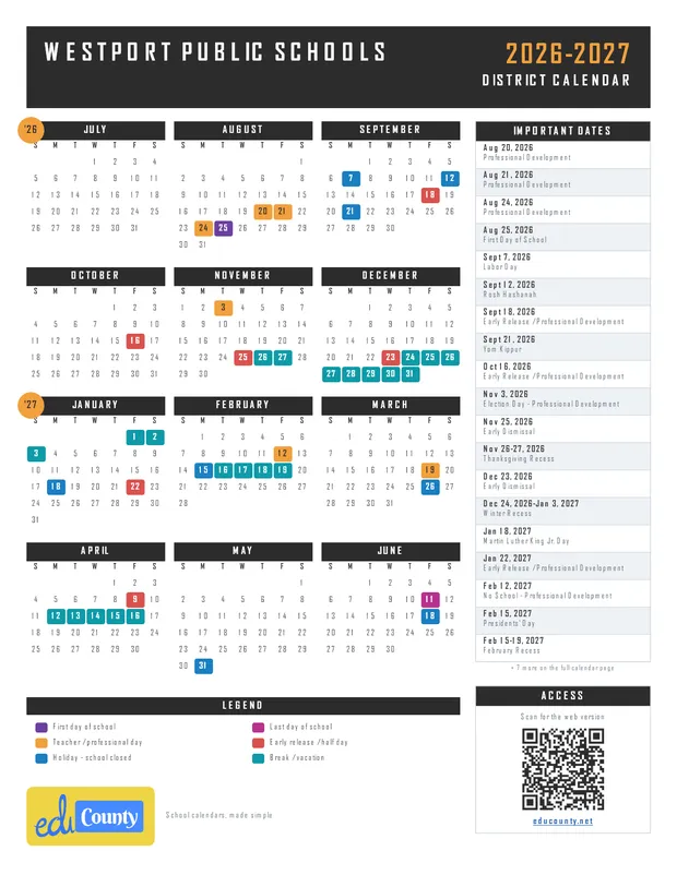 Westport Public Schools printable 2026-27 calendar