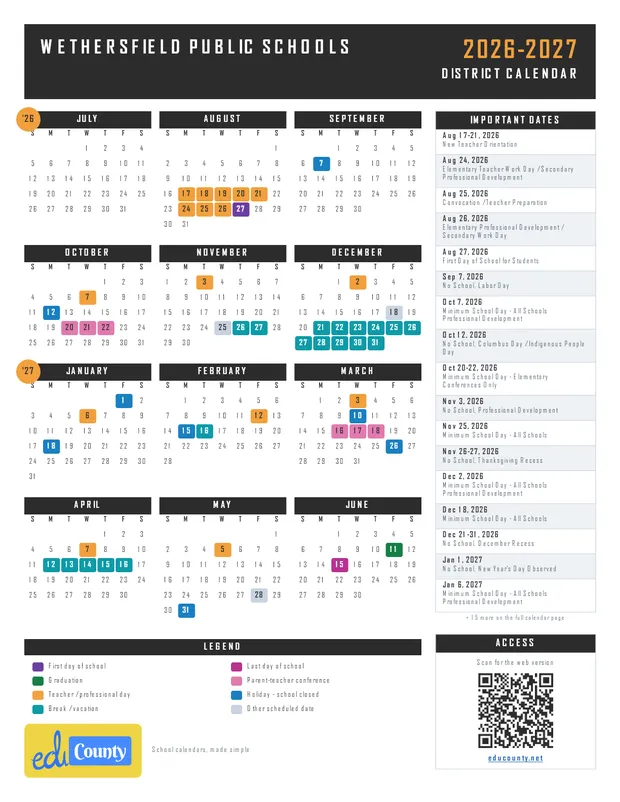 Wethersfield Public Schools printable 2026-27 calendar