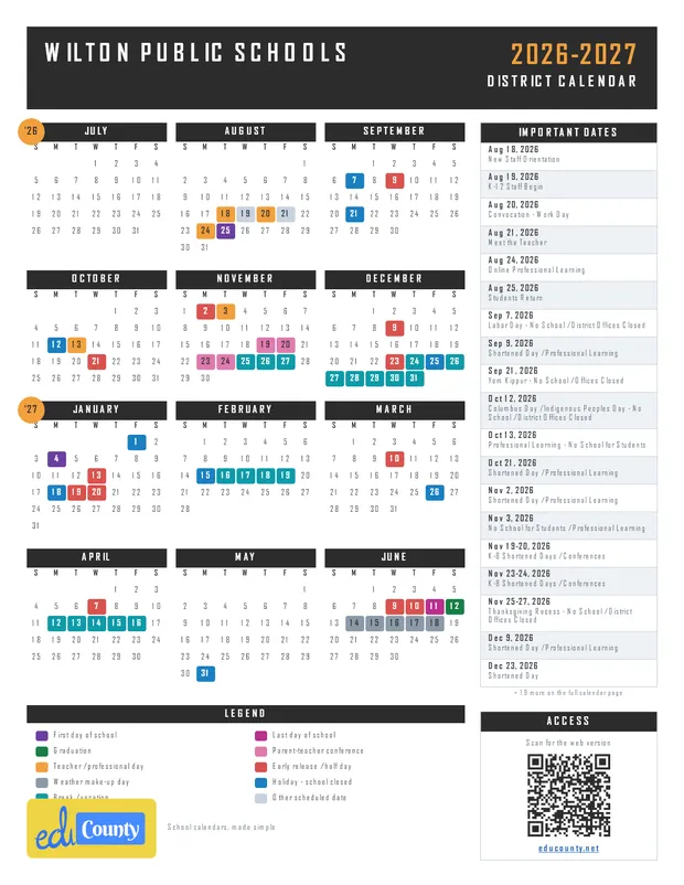 Wilton Public Schools printable 2026-27 calendar