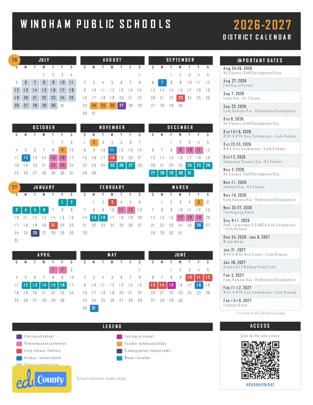 Windham Public Schools printable 2026-27 calendar