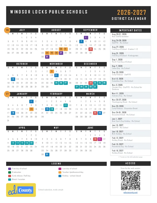 Windsor Locks Public Schools printable 2026-27 calendar