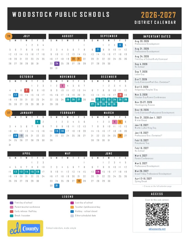 Woodstock Public Schools printable 2026-27 calendar