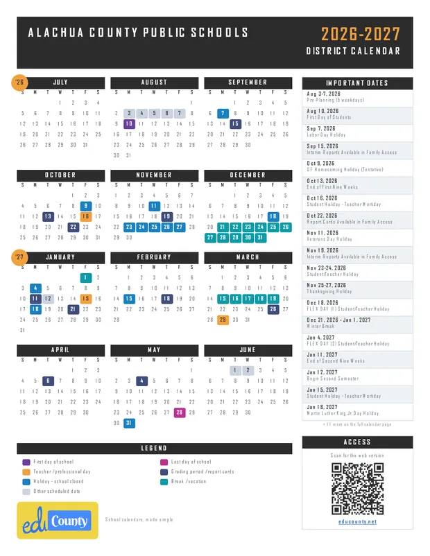 Alachua County Public Schools printable 2026-27 calendar