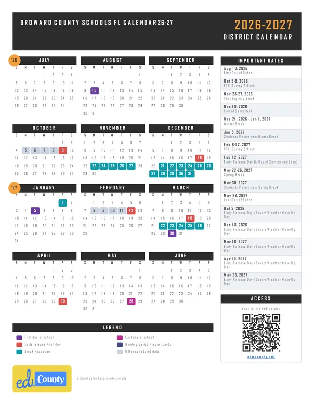 Broward County Schools FL Calendar26-27 printable 2026-27 calendar