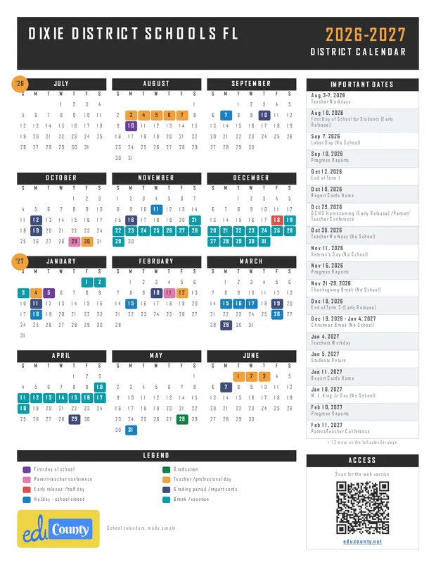Dixie District Schools printable 2026-27 calendar