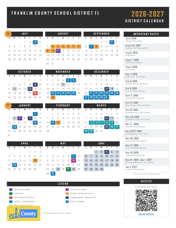 Franklin County School District printable 2026-27 calendar