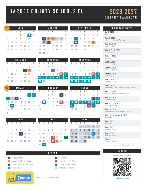 Hardee County Schools printable 2026-27 calendar