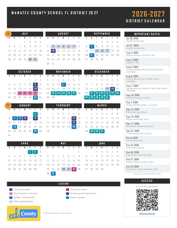 Manatee County School fl District 26 27 printable 2026-27 calendar