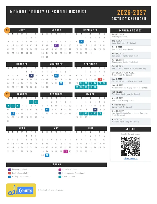 Monroe County fl School District printable 2026-27 calendar