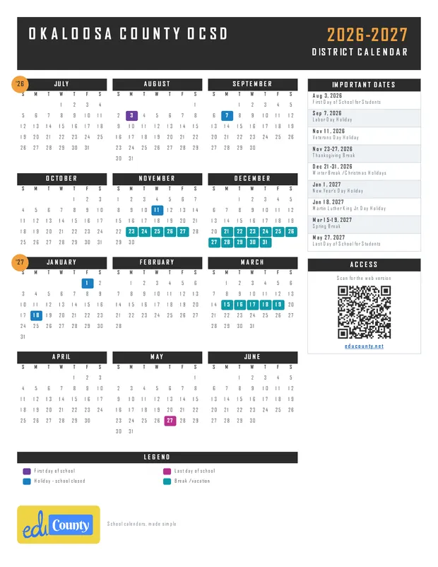 Okaloosa County OCSD printable 2026-27 calendar