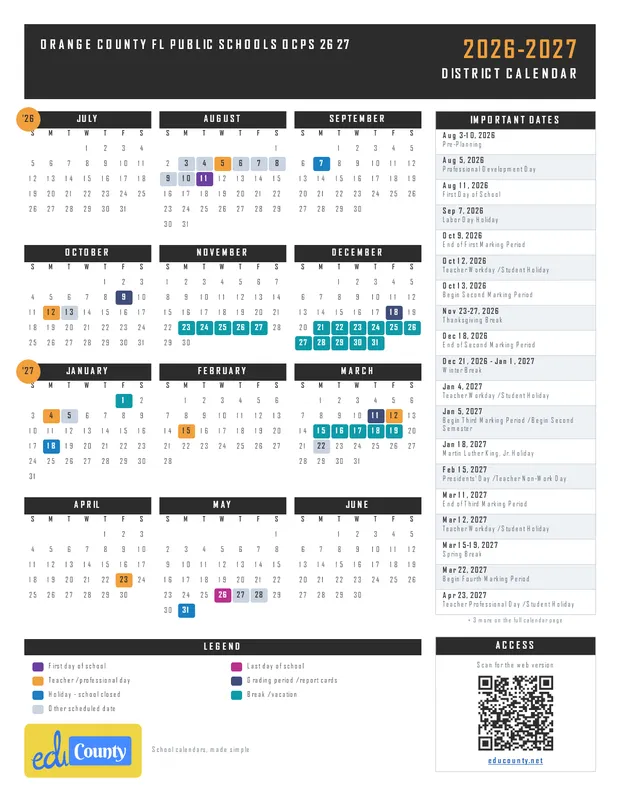 Orange County fl Public Schools OCPS 26 27 printable 2026-27 calendar