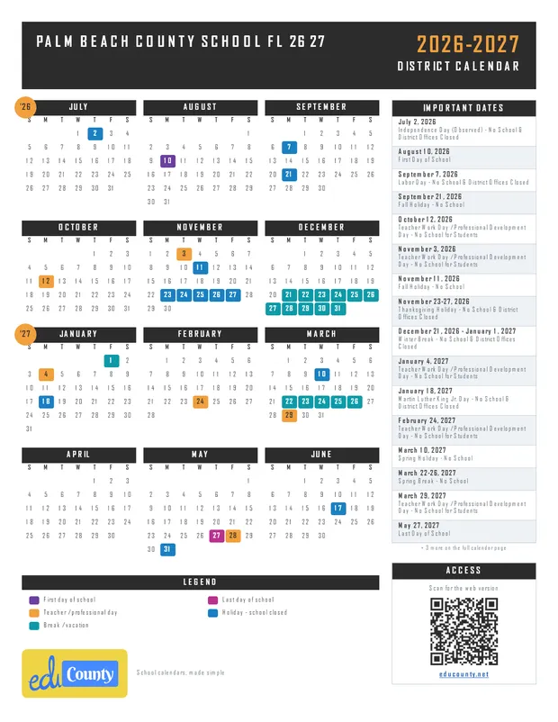 Palm Beach County School fl 26 27 printable 2026-27 calendar