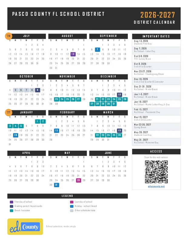 Pasco County fl School District printable 2026-27 calendar