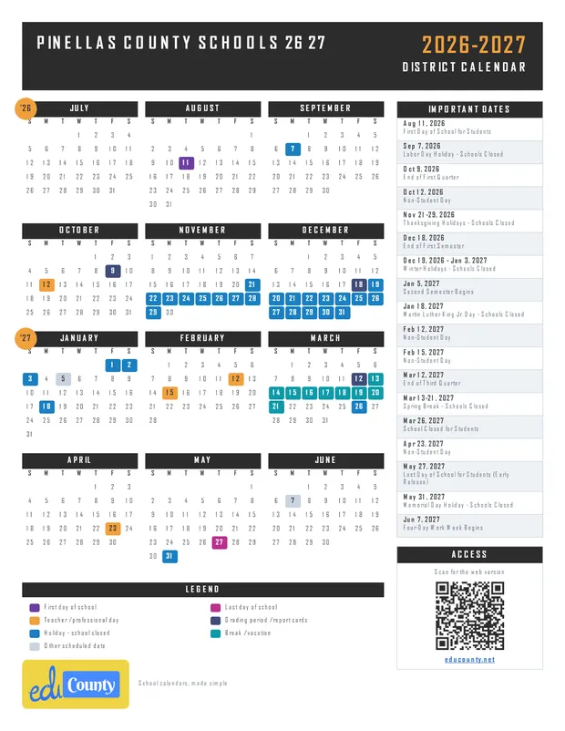 Pinellas County Schools 26 27 printable 2026-27 calendar