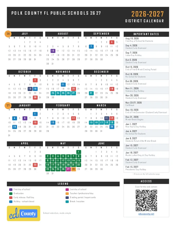 Polk County fl Public Schools 26 27 printable 2026-27 calendar