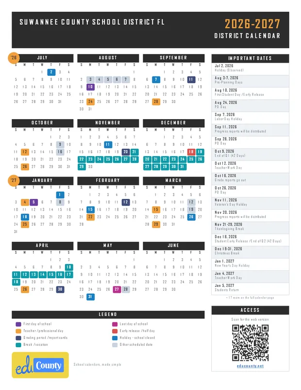 Suwannee County School District printable 2026-27 calendar