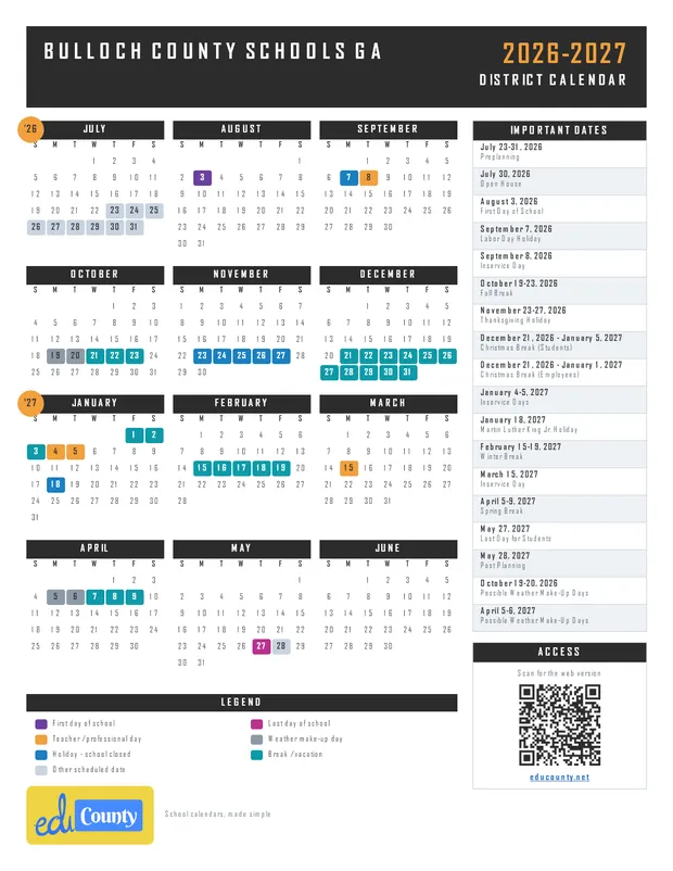 Bulloch County Schools printable 2026-27 calendar