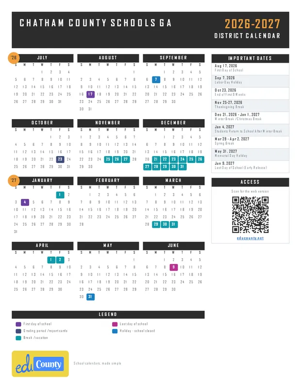 Chatham County Schools printable 2026-27 calendar
