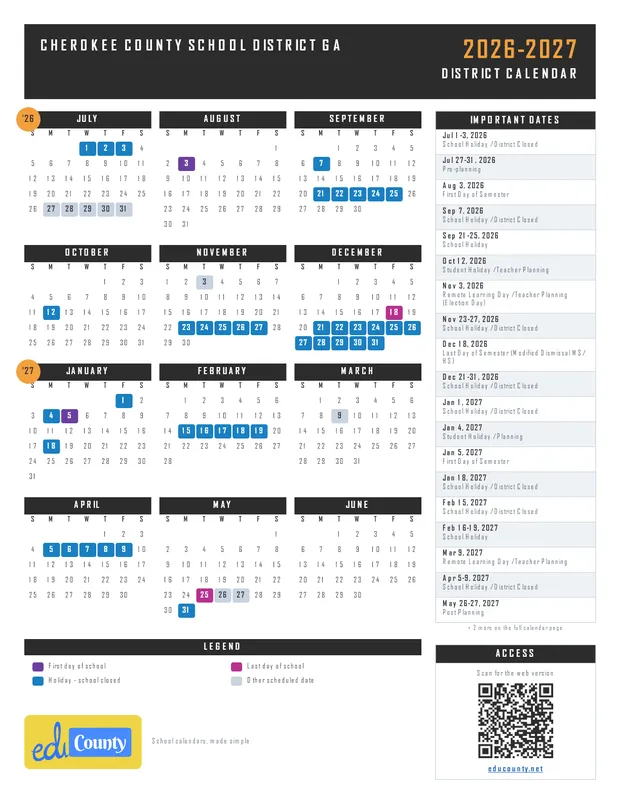 Cherokee County School District printable 2026-27 calendar