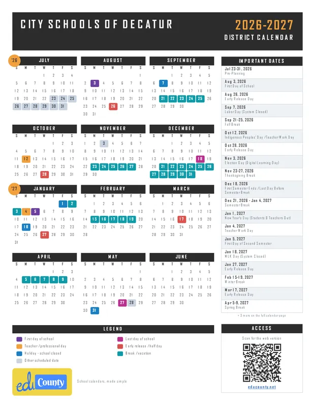 City Schools of Decatur printable 2026-27 calendar