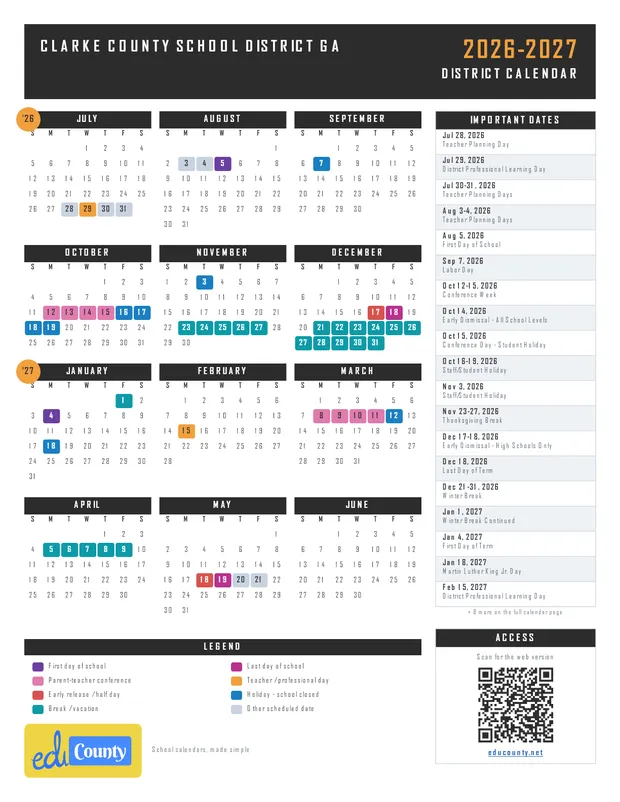 Clarke County School District printable 2026-27 calendar