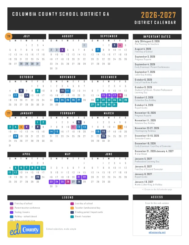 Columbia County School District printable 2026-27 calendar