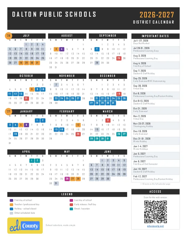 Dalton Public Schools printable 2026-27 calendar
