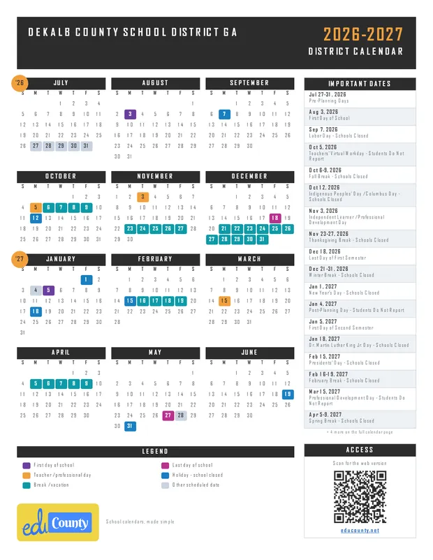 DeKalb County School District printable 2026-27 calendar