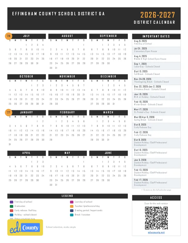 Effingham County School District printable 2026-27 calendar