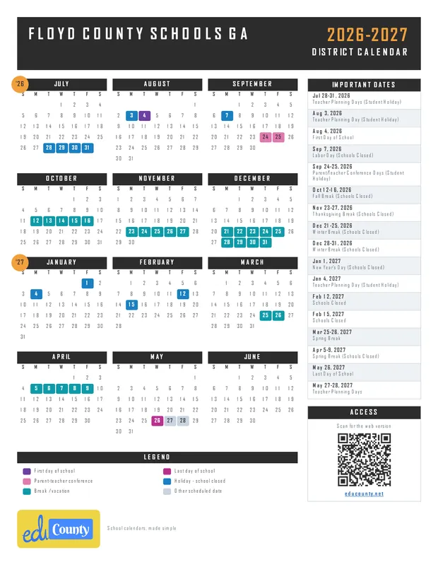 Floyd County Schools printable 2026-27 calendar