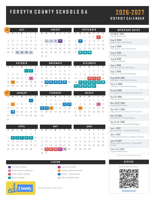 Forsyth County Schools printable 2026-27 calendar
