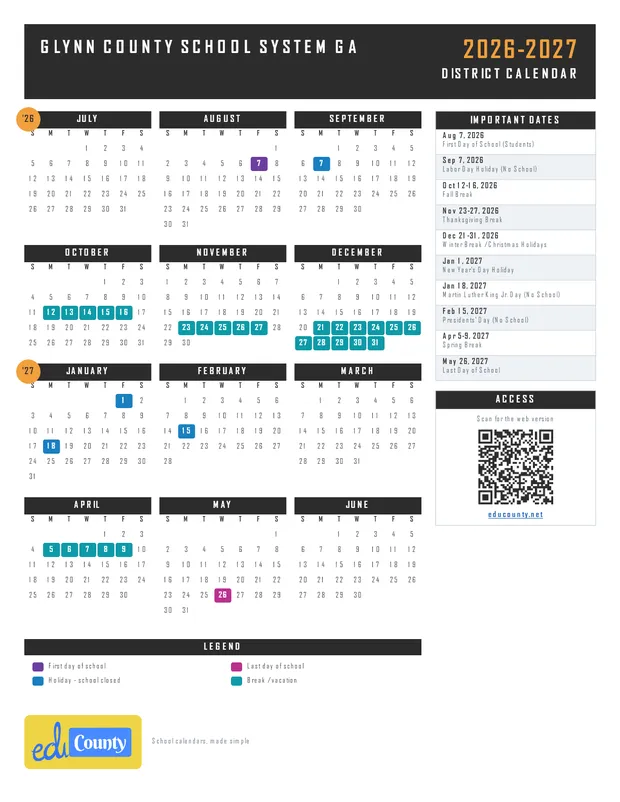 Glynn County School System printable 2026-27 calendar