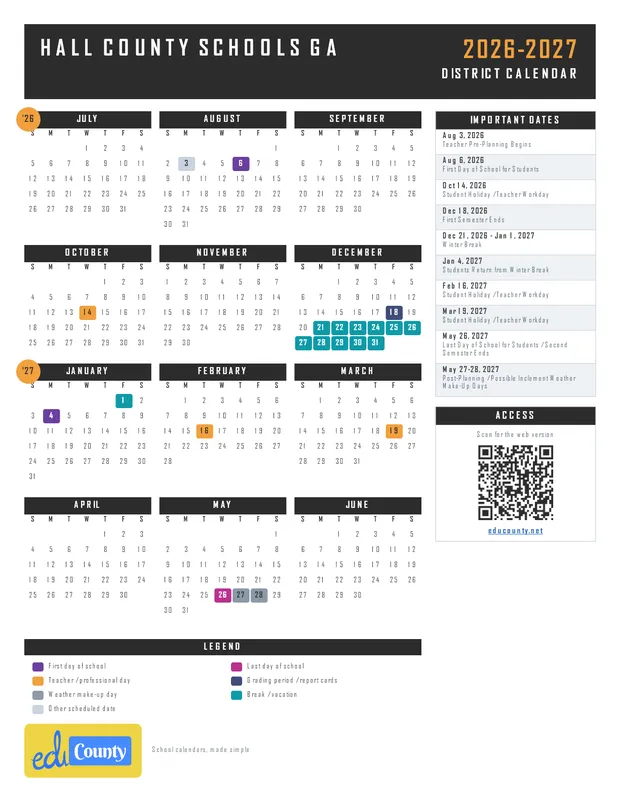 Hall County Schools printable 2026-27 calendar