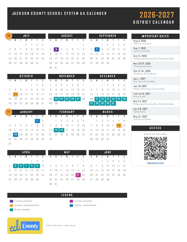 Jackson County School System GA Calender printable 2026-27 calendar