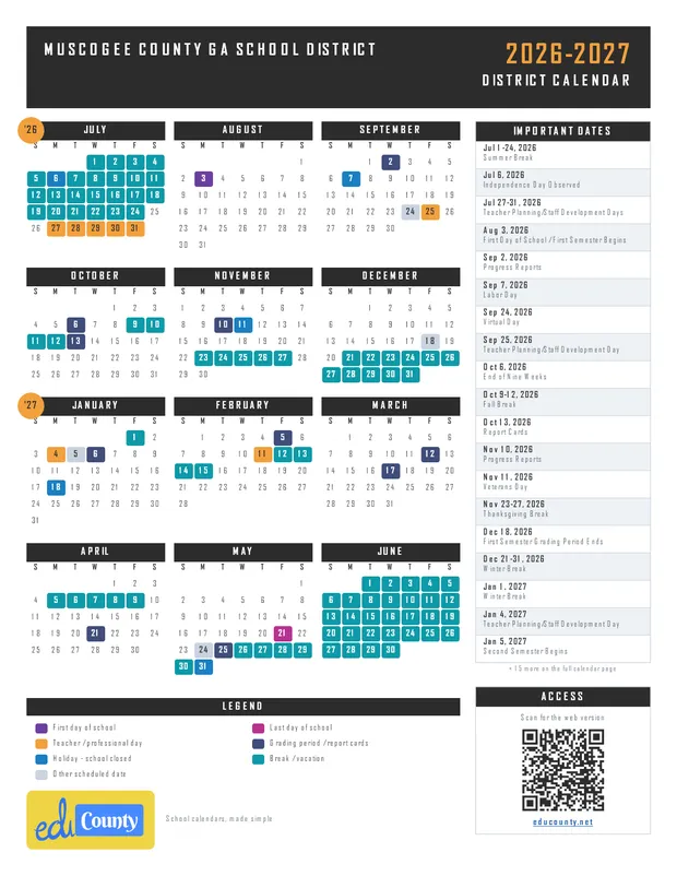 Muscogee County GA School District printable 2026-27 calendar