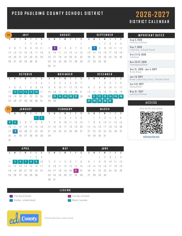 PCSD Paulding County School District printable 2026-27 calendar
